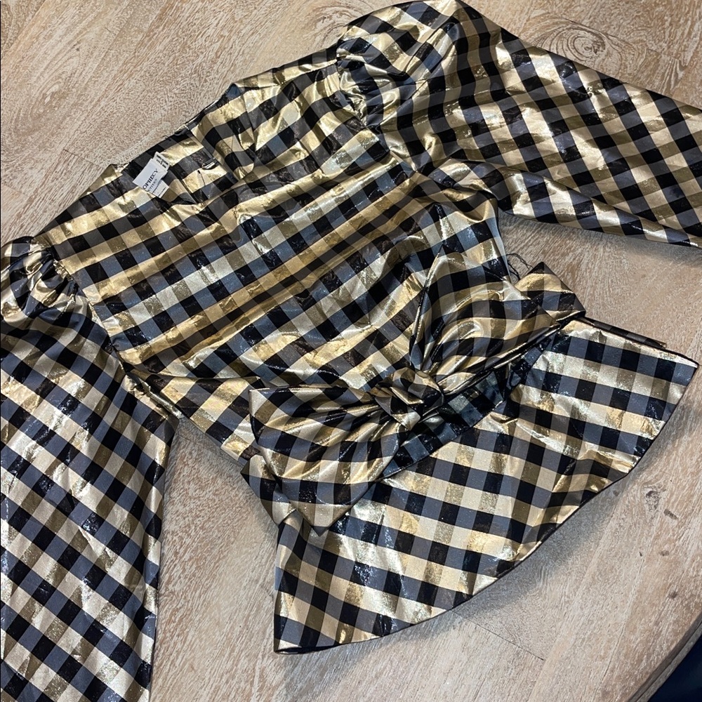 Vintage Metallic Black and Gold Gingham Puff Sleeve Blouse with Peplum